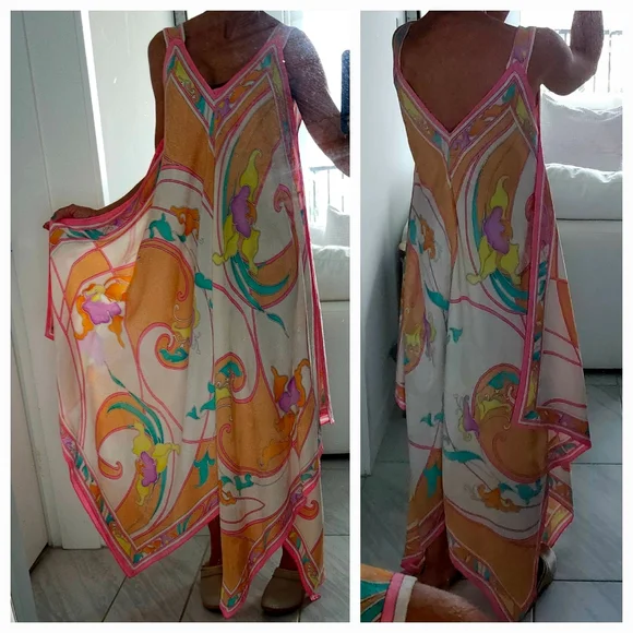 BRIJO Vintage Pastel Rolled Jacquard Silk Hankerchief V Tank Maxi Dress - Picture 2 of 16